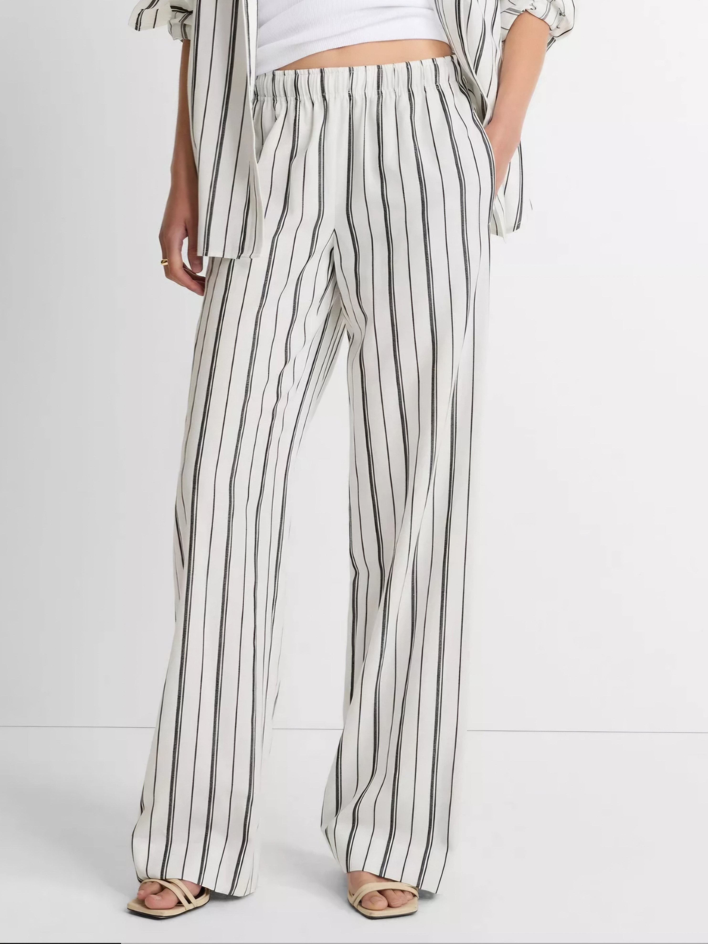Striped Resort Trouser Pleated Pants Pull-On Relaxed Waistband Cotton Blend